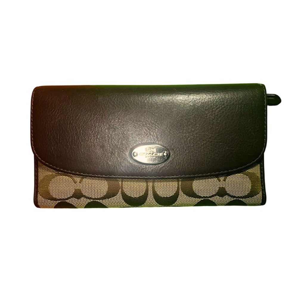 COACH Signature Canvas / Leather Khaki /Brown Trifold Wallet Checkbook F53615